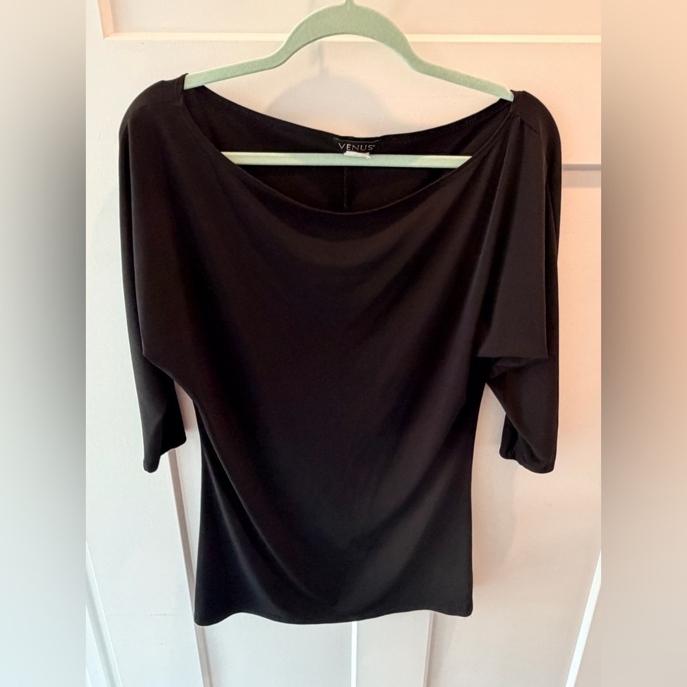 Venus Black Draped Neck Top Large Off Shoulder Stretch Blouse